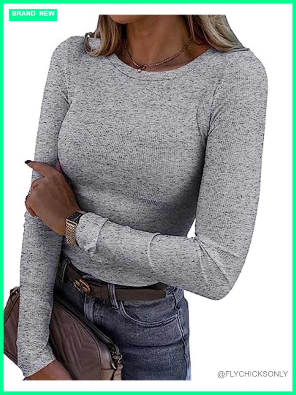 Women's Long Sleeve Ribbed Crewneck Fitted T-Shirt Stretch Basic Top